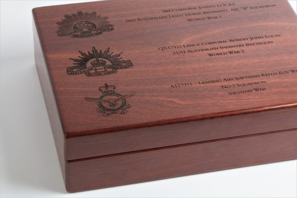 Personalised laser engraved, jarrah giftware, A4 medal box, family heirloom, family history