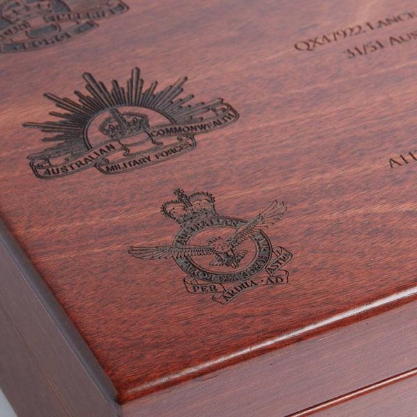 Close up of military engraving on an A4 presentation medal box by Murphy's.