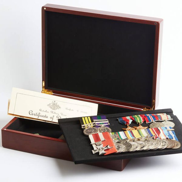A4 presentation medal box by Murphy's, open to display medals with extra tray.