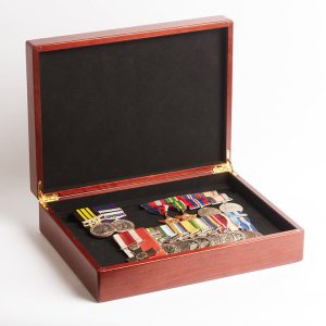 Wooden A4 presentation medal box in australian jarrah, open to display medals.
