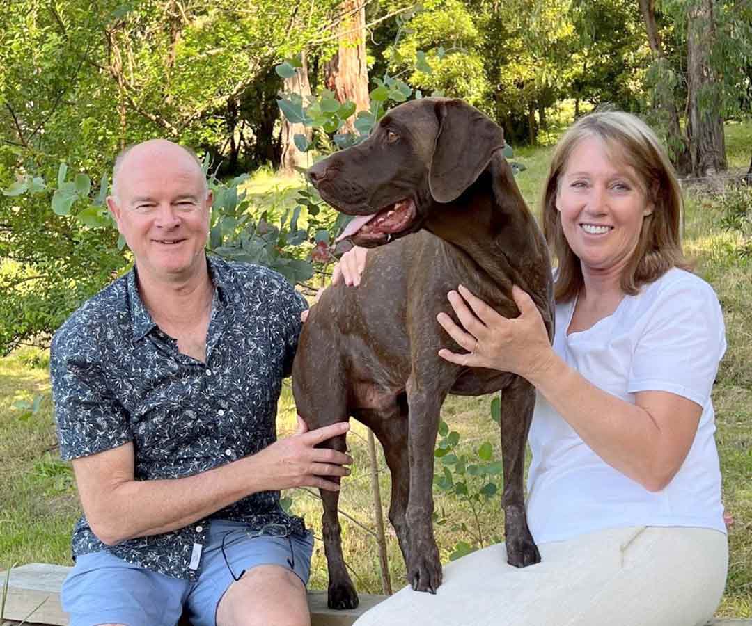 Michelle and Craig Heskett, owners of Murphy's of Healesville with their dog, Murphy.