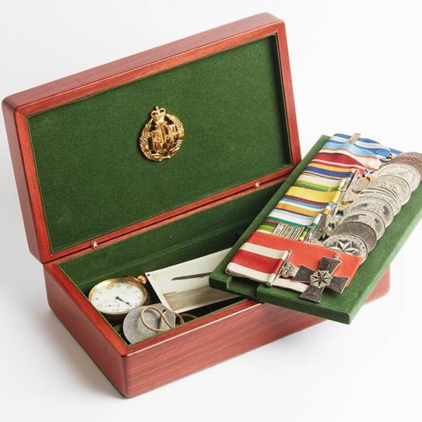 Large medal box by Murphy's of Healesville, open to display medals with extra tray.