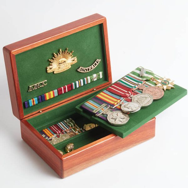 Medium sized medal box by Murphy's, open to display medals with extra tray.