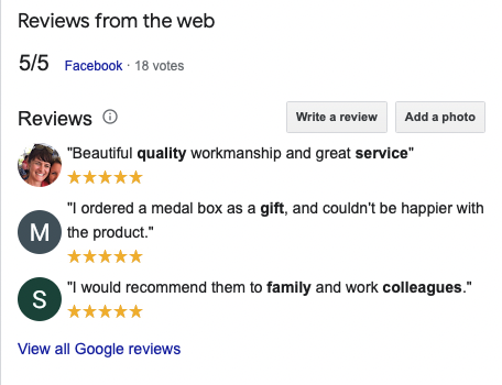 Example of reviews on Google for Murphy's medal boxes.