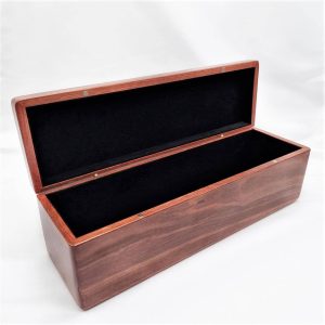 Luxurious jarrah wooden wine box, with the lid open to show the black lining inside.
