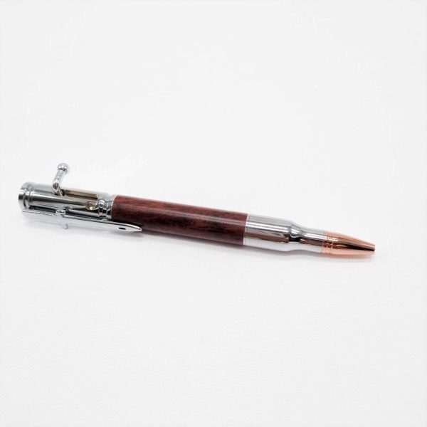 Wooden bullet pen gift, made in Jarrah wood, with chrome clip detail.