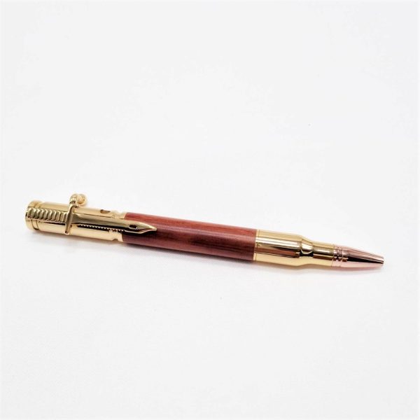 Wooden bullet pen gift, made in Jarrah wood, with gold clip detail.