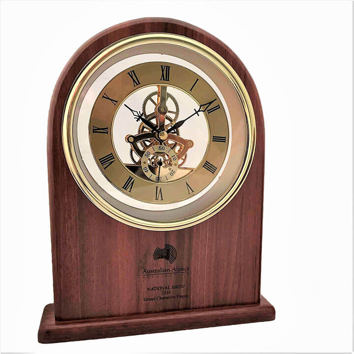 Jarrah wooden clock engraved as a corporate gift.